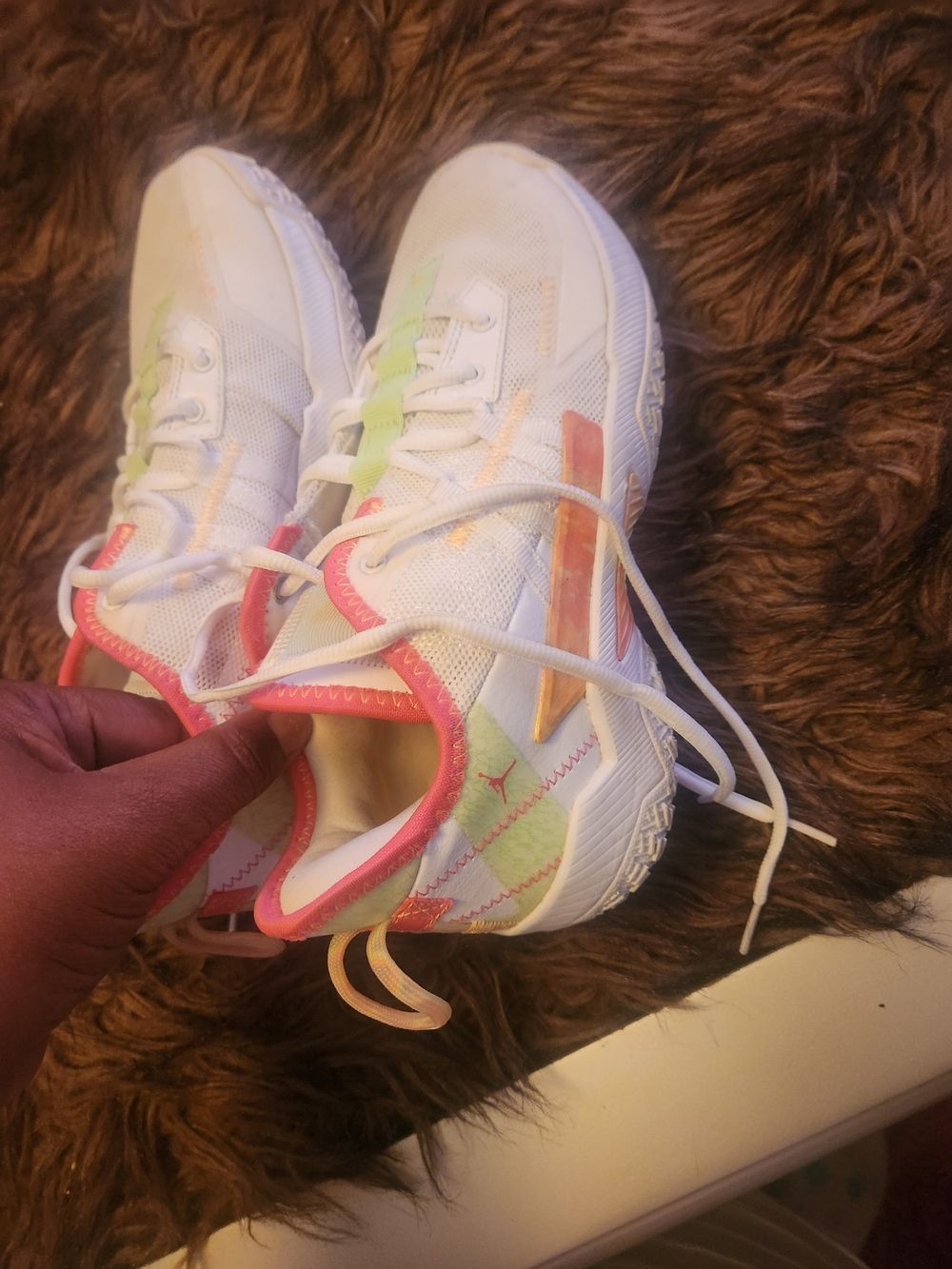 Jordan Kids White with Pink and Green Accent Sneakers